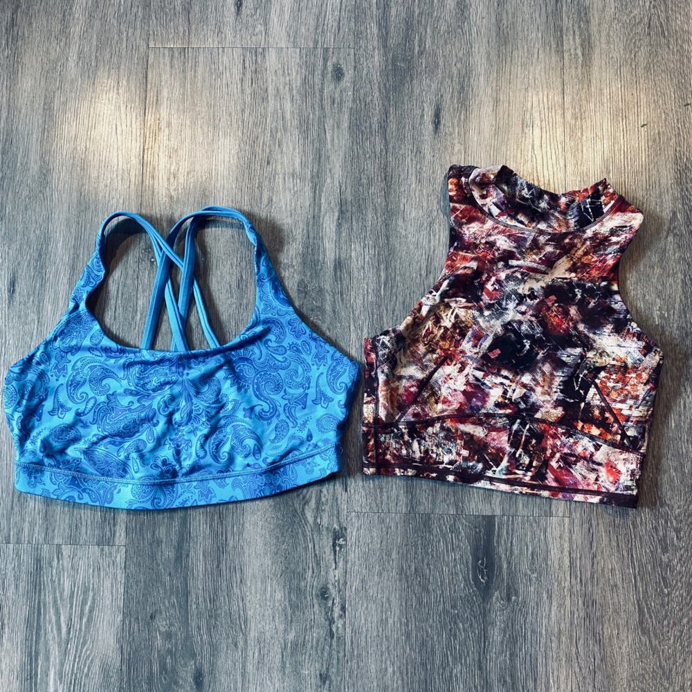 2-Lululemon Sports Bra Bundle High Neck Abstract & Blue Paisley Strappy Back